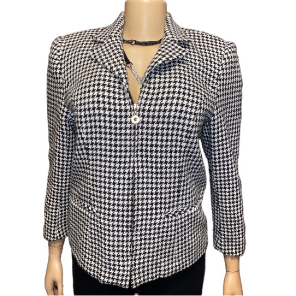 90s Casablanca Blazer Jacket Houndstooth print Zip front black white size 4P